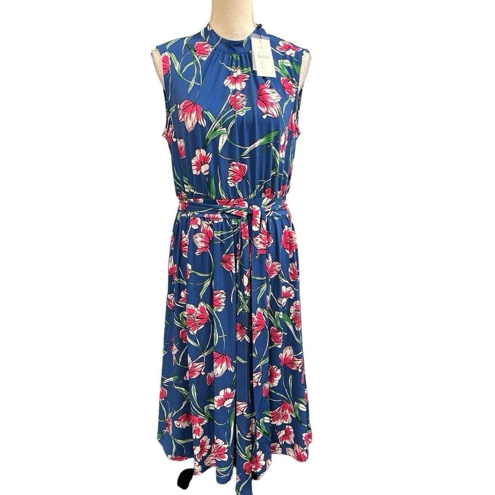 Leota Mindy Dress Blue Wild Tulip Floral Jersey Knit Midi Size M Wedding Guest